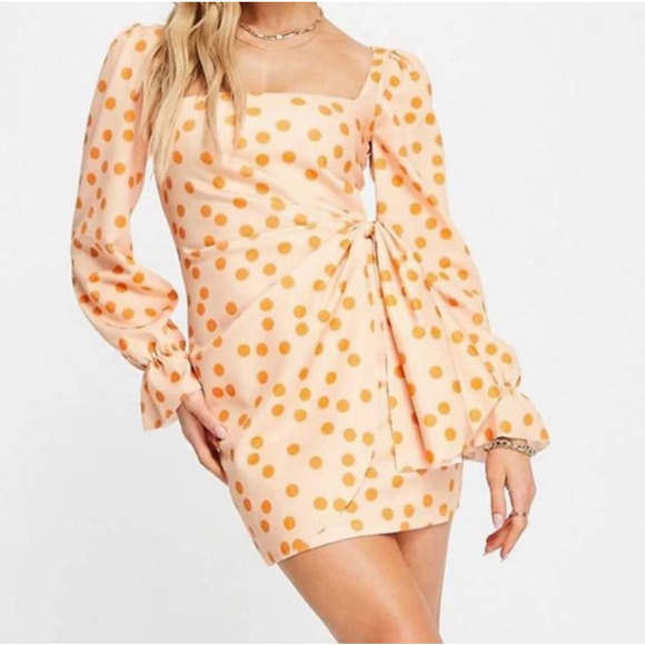 ASOS DESIGN‎ Polka Dot Square Neck Wrap Dress Orange Peach Size 8 NWT - Picture 1 of 9
